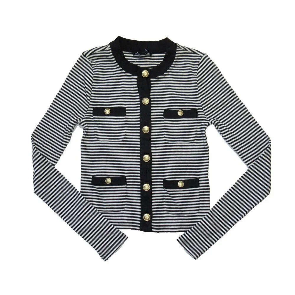 NWT J.Crew Vintage Rib Lady Jacket in Kate Stripe Black Ivory Knit Tee Top XS